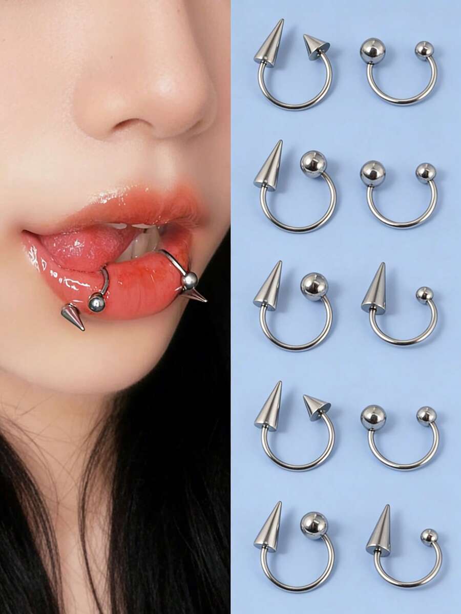 2PCS/6PCS 361L Stainless Steel Lip Ring Horseshoe Labret Ring Piercing Punk Spike Nose Ring Eyebrow Tongue Piercing Jewelry - As Shown - View 1
