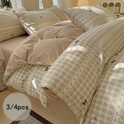 3/4pcs Bedding Set, Polyester Duvet Cover Set With Bow Print, Beige Striped Duvet Cover Set, Lightweight Soft Breathable Reversible Garden Style Bedding, Retro Luxury Scandinavian Style (1 Duvet Cover + 1 Bed Sheet + 1/2 Pillowcase, Excluding Filler)