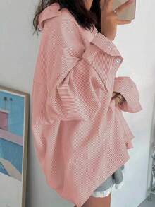 Plus Size Women's Striped Button-Up Shirt, Long Dropped Shoulder Sleeve, Woven Fabric Spring - Baby Pink - View 6