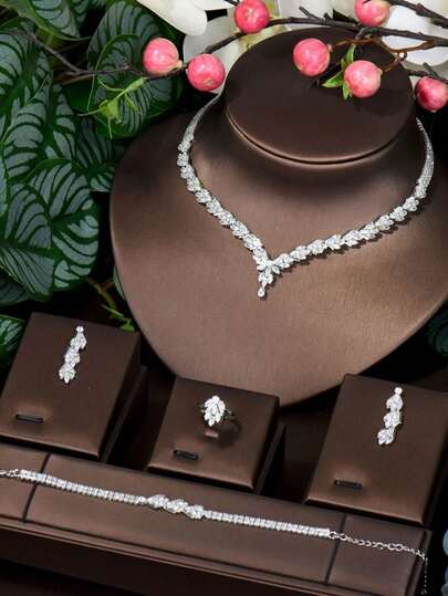 1 Set Silver Tone Cubic Zirconia (CZ) Jewelry Set, V-Shaped Leaf Motif Choker Necklace, Matching Drop Earrings, Floral Cluster Statement Ring & Tennis Bracelet, Sparkling Elegant Jewelry For Women, Versatile For Daily Wear, Work, Date Night & Gift Giving
