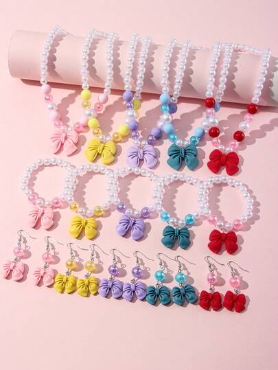 4件套可爱蝴蝶结吊坠珍珠串珠项链、手链、耳环套装，适合节日派对、学校活动、女孩生日礼物
