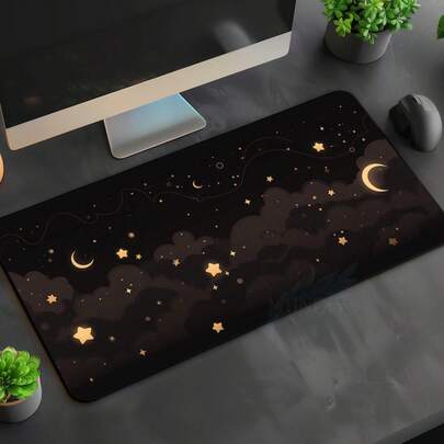 Dream Desk, Gothic Moon Cloud Mousepad, Black Gold Witchy  Large-Sized Gaming Mouse Pad