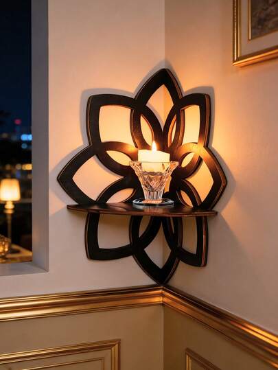 1 pieza Estante flotante decorativo con forma de flor de loto de 8 pétalos de línea negra minimalista, ensamblaje de madera DIY, apto para portavelas, estantería de decoración del hogar, estantería de exhibición de la sala de estar, almacenamiento de artículos pequeños