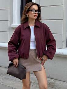 Chaqueta con bolsillo con cremallera para mujer en color burdeos - Abrigo casual de solapa holgada para primavera y otoño - Burdeos - Ver 10