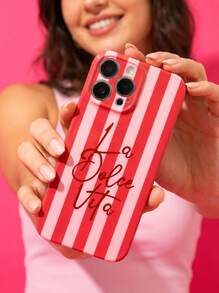 1 件简约双色条纹英文标语穿孔亮面细丝外壳全覆盖硬质手机壳兼容 11/12/13/14/15/16 Pro Max 防水防震防摔防刮 - 彩色 - 查看 2