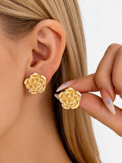1 Pair Cute Metal Petite Floral Stud Earrings, Suitable For Party, Summer Outing, Spring Travel