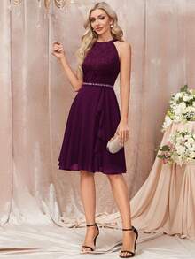 MIUSOL Đầm xòe chiffon cổ cao xếp ly ren hoa, thanh lịch, thích hợp dự tiệc cưới, sinh nhật, lễ tốt nghiệp, tựu trường và các dịp khác trong mùa xuân. - Màu Tím - Xem 9
