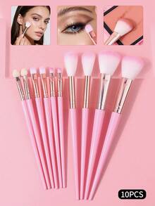10支装化妆刷套装，长细塑料手柄，海绵头化妆刷，腮红刷，高光刷，火焰刷，眼影刷，眉刷，面部化妆刷，化妆工具，家用户外男女通用 - 粉色 - 查看 4