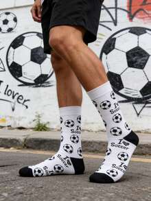 1 Par de Meias Pretas e Brancas com Contraste "Eu Amo Futebol" Padrão de Futebol, Cano Médio, Uso Esportivo e Casual, Adequado para Todas as Estações - Preto e Branco - Visão 2