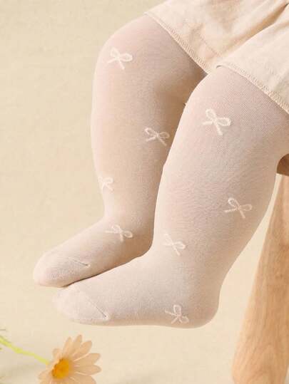 1 Pair Beige Cute Bow Pattern Infant Jacquard Dance Socks/Tights, Suitable For 0-36 Months Baby Girls, Can Be Matched With All Clothes And Dresses, Refreshing Summer Outfit, Ideal For Birthday Parties And Gifts, Made Of Soft And Skin-Friendly Velvet Material, Comfortable, Valentine's Day Gift
