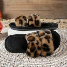 新款时尚双条纹豹纹情侣拖鞋，舒适静音，一脚蹬设计 - 女款拖鞋 - 查看 1