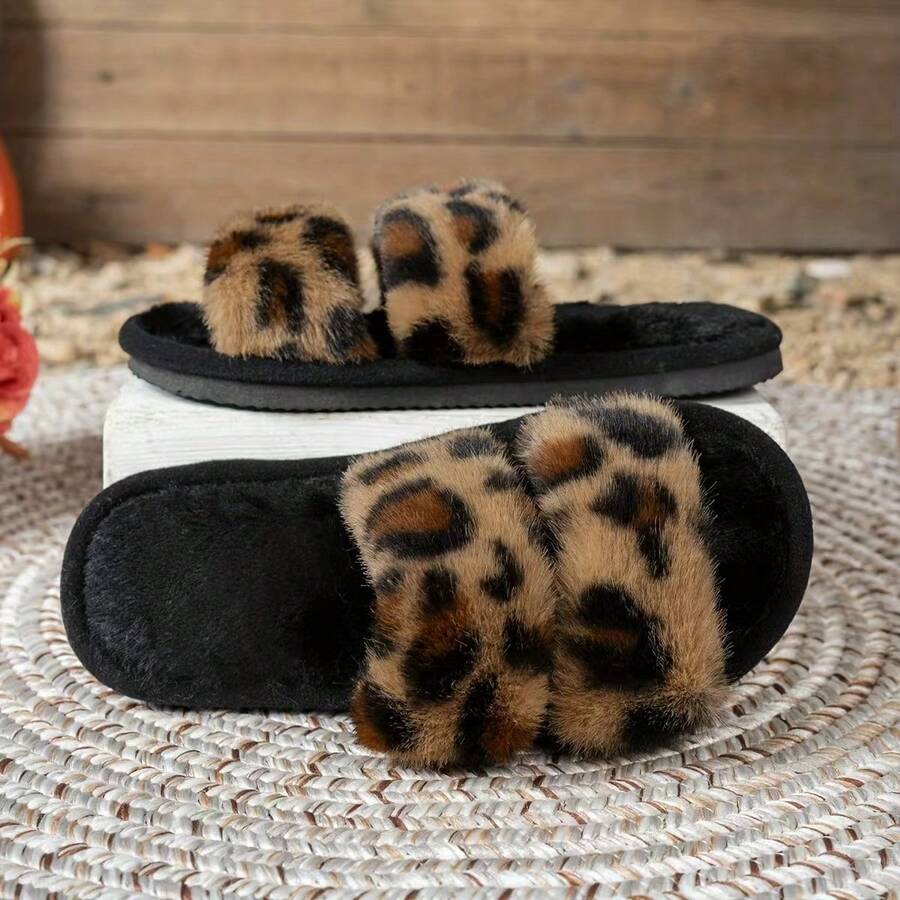 新款时尚双条纹豹纹情侣拖鞋，舒适静音，一脚蹬设计 - 女款拖鞋 - 查看 1