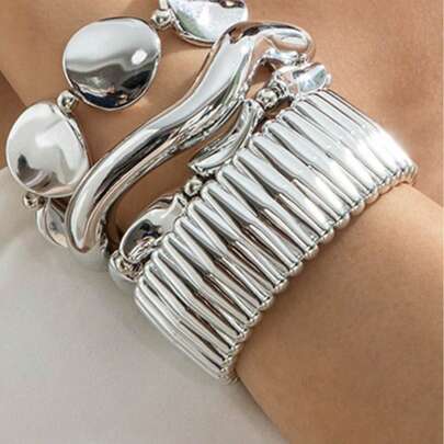 4pcs/Set Exaggerated CCB Asymmetrical Geometric Twisted Open Bangle Bracelet, Suitable As Beach Holiday Gift For Women