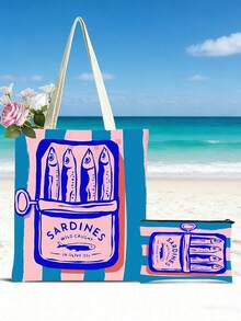 1 pièce Ensemble de sac fourre-tout, sac à main et sac de maquillage réutilisable pour femmes - Sac de courses en polyester à imprimé de boîte de sardines rayée rose et verte minimaliste, conception de sangle d'épaule fixe, convient pour la plage, le pique-nique, l'épicerie et le stockage alimentaire, sac fourre-tout pliable, multifonctionnel, polyvalent, grande capacité, léger, pratique, convient pour l'utilisation quotidienne de la famille et des amis, convient pour le trajet domicile-travail, les voyages, les vacances à la plage, le campus quotidien, cadeau de rentrée scolaire - Multicolore - Voir 2