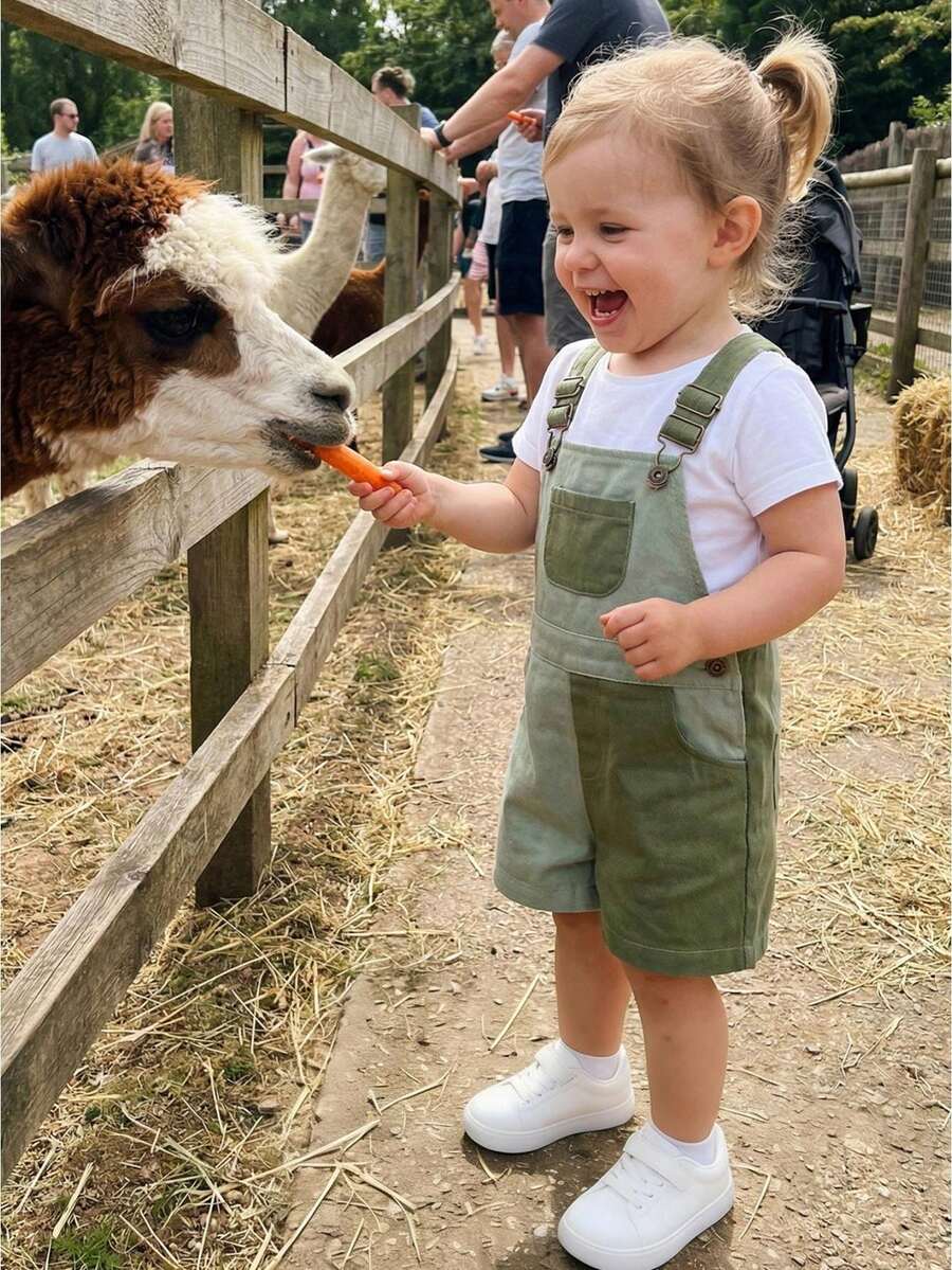 Mono corto para niños y niñas, mono de verano con bonitos colores contrastantes y bolsillos para uso diario informal. - Verde - Ver 1