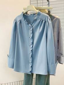 Plus Size Cardigan Collar Blouse With Frill Detail Long Shirt Sleeve Button Embellished Woven Fabric Regular Length Top Spring - Blue - View 1