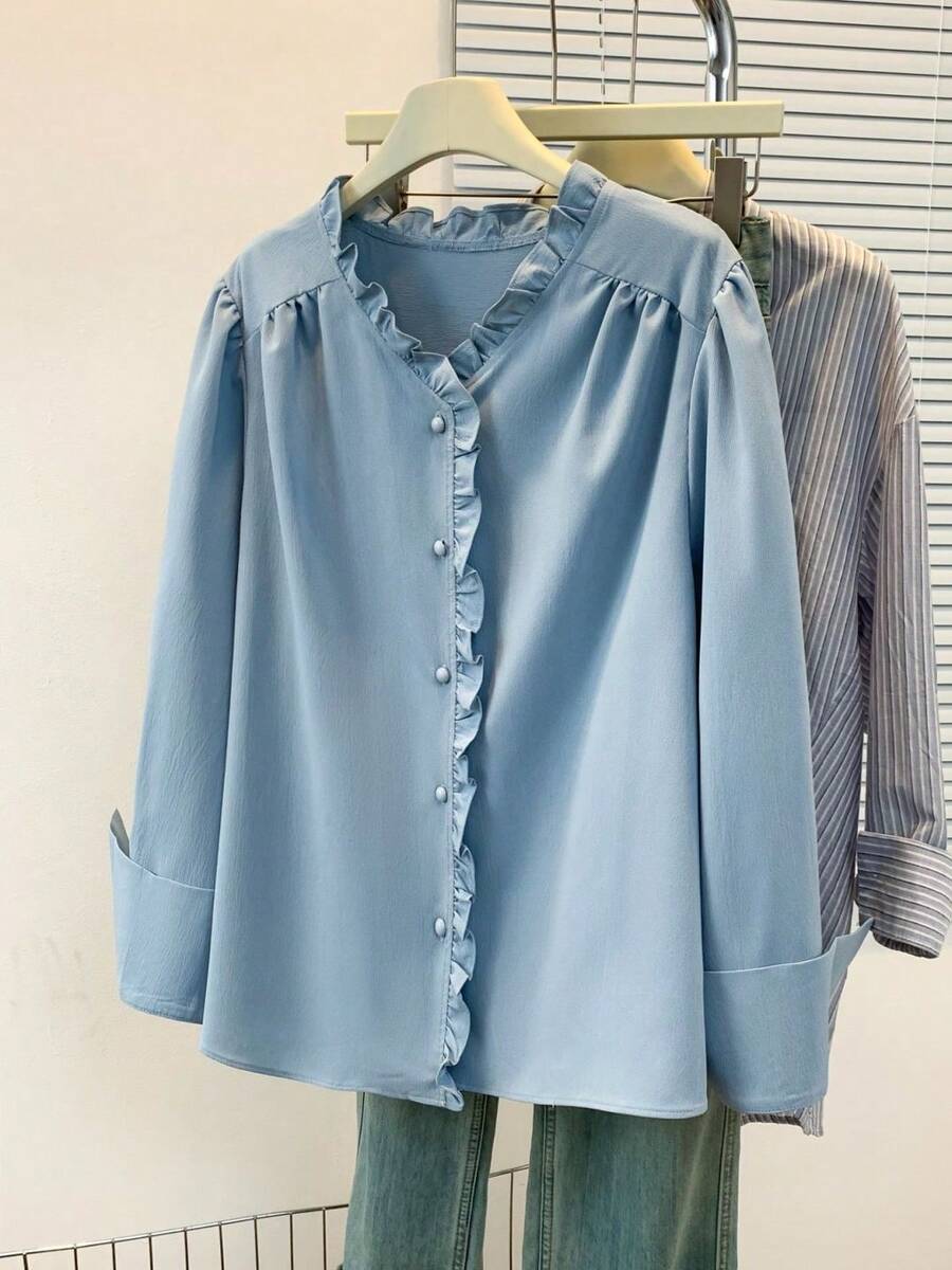 Plus Size Cardigan Collar Blouse With Frill Detail Long Shirt Sleeve Button Embellished Woven Fabric Regular Length Top Spring - Blue - View 1