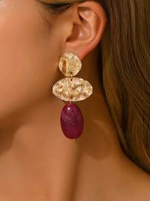 一对优雅性感的不对称几何波浪纹仿玉多色花卉木纹水墨图案树脂吊坠耳环，搭配金色心形耳钉，适合派对、节日、度假佩戴。每颗树脂珠的颜色和图案都独一无二，模具痕迹属于正常现象。 - 彩色 - 查看 2