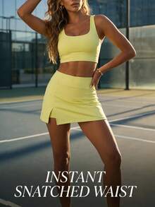 RRIVE Solid High Waisted Tennis Athleisure Skirt With Built-In Shorts A-Line Skirt Quick Dry Athletic Skort Preppy Mini Skirt For Tennis Yoga Golf Pickleball Running Summer Spring Outfits Vocation Outfits Workout Bottoms - 檸檬水 - 查看 2