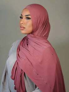 1 Piece Women's Hot Diamond Plain Jersey Soft Headscarf Arabic Casual Long Scarf Conservative Solid Color Headscarf Suitable For Daily Use - 紫色 - 查看 4