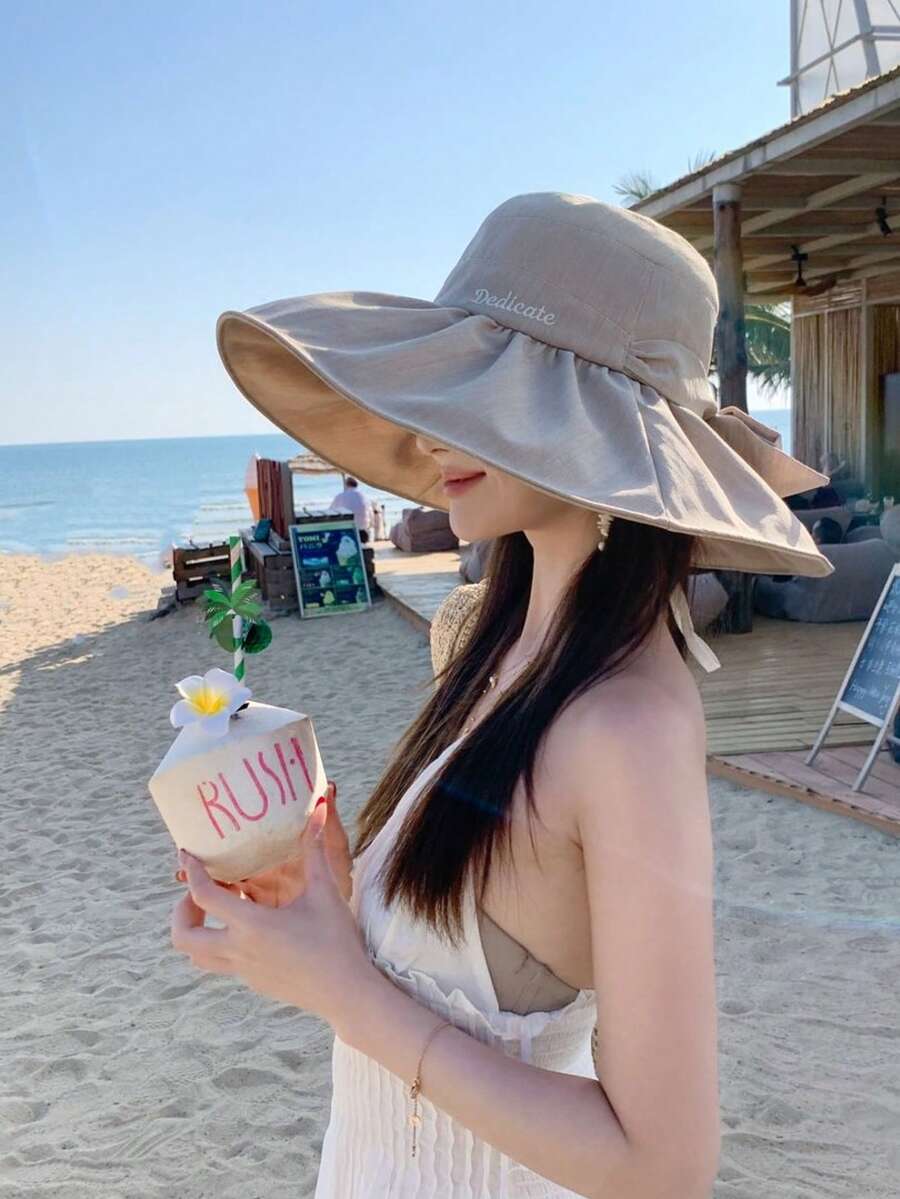 1 pieza Sombrero de verano para mujer, unicolor de ala ancha, sombrero de cubo de ala ancha, sombrero de mujer, sombrero de playa, adecuado para actividades al aire libre, vacaciones - MZ1669X - Ver 1