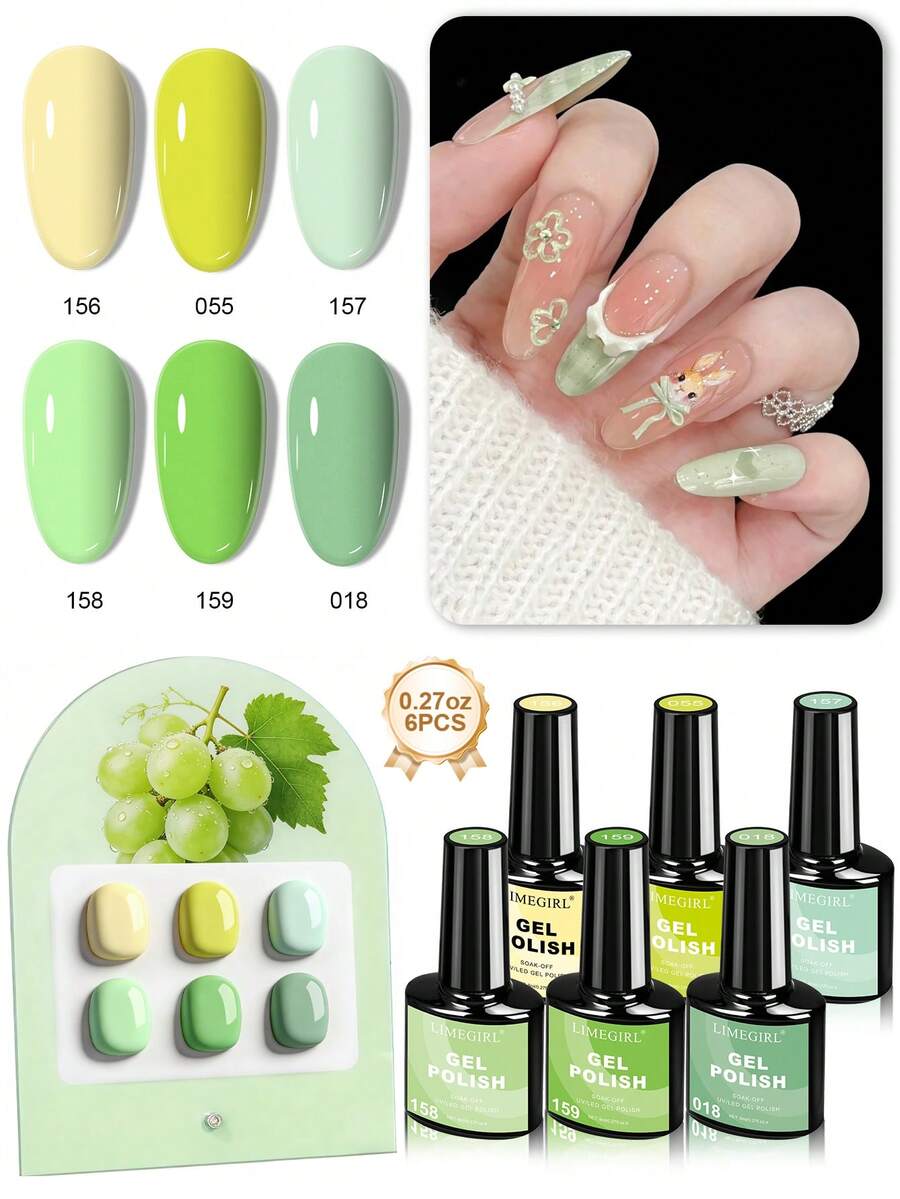 Limegirl 6色凝膠指甲油套組，快乾持久，柔和春季色調（紫色、櫻花粉、嬰兒藍），夢幻小鎮系列，馬卡龍亮麗溫柔指甲油套組，適合女性禮物