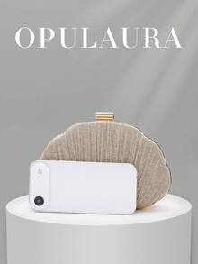 OpulAura 女款極簡貝殼造型奢華 PU 皮革晚宴手拿包，優雅迷人的晚宴包，亮面派對包，適用正式場合、雞尾酒會、浪漫婚禮，附鏈條背帶 - 金色 - 查看 3