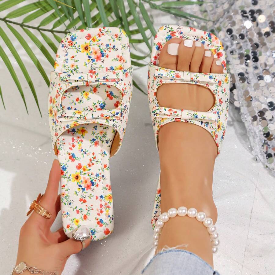 Women's French Style Bowknot Decor Sandals, Fashion Versatile Hollow Out Retro Low Chunky Heel 2.3cm Mules Slippers For Summer - White Floral Print - View 1