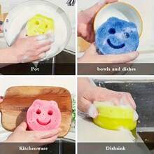 3pcs/1pc Multicolor Smiling Face Sponges, With Color Coded Surfaces (Pink, Yellow, Green, Blue), With Hanging Holes. This Versatile Household Cleaning Cloth Can Easily Meet Various Daily Cleaning Needs. - Face Sponge - View 6