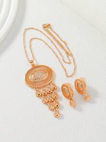 Bộ trang sức 2 món kiểu Trung Đông Ả Rập Xê Út, mạ vàng hồng, hình bầu dục rỗng, có tua rua, gồm 1 dây chuyền và 1 đôi bông tai đính đá Zirconia. - Hoa hồng vàng - Xem 2