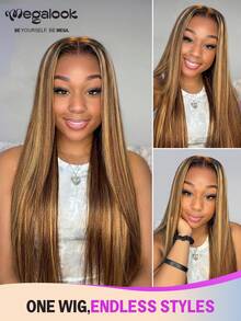 MEGALOOK 13x6 3rd Generation Seamless Silky Straight Human Hair Wig - 100% Real Human Hair Pre-Cut Ear To Ear Transparent Lace Hairline Pre-Trimmed Pre-Bleached Knots No Glue Needed Wig, Brown Blonde Ombre Roots, 180% Density, 18-30 Inches, Beginner Friendly Natural Daily Wear - SP4/27 - View 4