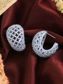 一对闪亮立方氧化锆镶嵌镂空半圆耳环，镀金/镀银立方氧化锆水滴耳环，女士派对/婚礼/订婚/宴会/选美比赛珠宝礼品 - 1 pair earrings - 查看 13