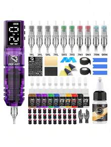 Kit de máquina de tatuaje inalámbrica ajustable de 1600mAh, un kit de tatuaje todo en uno que incluye agujas de tatuaje, tinta de tatuaje y plantillas de tatuaje, adecuado para principiantes y artistas de tatuaje profesionales - Morado - Ver 13