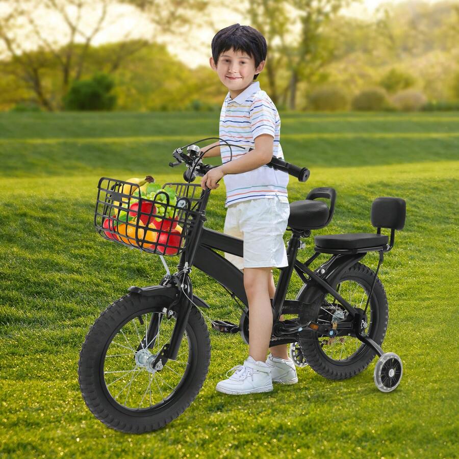 Kinderfahrrad, 14 Zoll Kinderfahrrad mit Trainingsrädern und Weichem PU-Sitz mit Schwamm, Geeignet für Kinder, die 37,4-45,28" in der Höhe und im Alter von 3-7 Jahren Sind - Schwarz - Übersicht 1