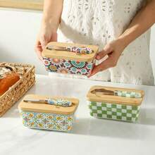 Hộp đựng bơ bằng gốm sứ dung tích lớn kèm dao - Hộp đựng bơ bằng gốm sứ vẽ tay sáng tạo, có ngăn, bền và dùng được trong máy rửa chén, quà tặng nhà bếp Giáng sinh, bền và rất sáng tạo. - Xem 2