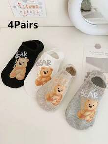 1/4/8双装 浅薄防滑可爱小熊低帮透气时尚百搭女士船袜 - 彩色 - 查看 6