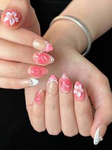 10片手工制作的短款杏仁形美甲贴片，白色贝壳法式贴片，粉色渐变，3D立体花朵雕刻，亚克力假指甲，适合春夏佩戴，日常、度假、旅行和婚礼装饰皆可，包含甲油胶和指甲锉。 - 粉色 - 查看 7