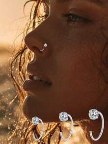 1pc S925 Sterling Silver Fashion Minimalist Four-Claw Zirconia Nose Ring, Suitable For Women's Daily Wear, Body Piercing Jewelry Accessory, Gift For Friends - Single - View 1