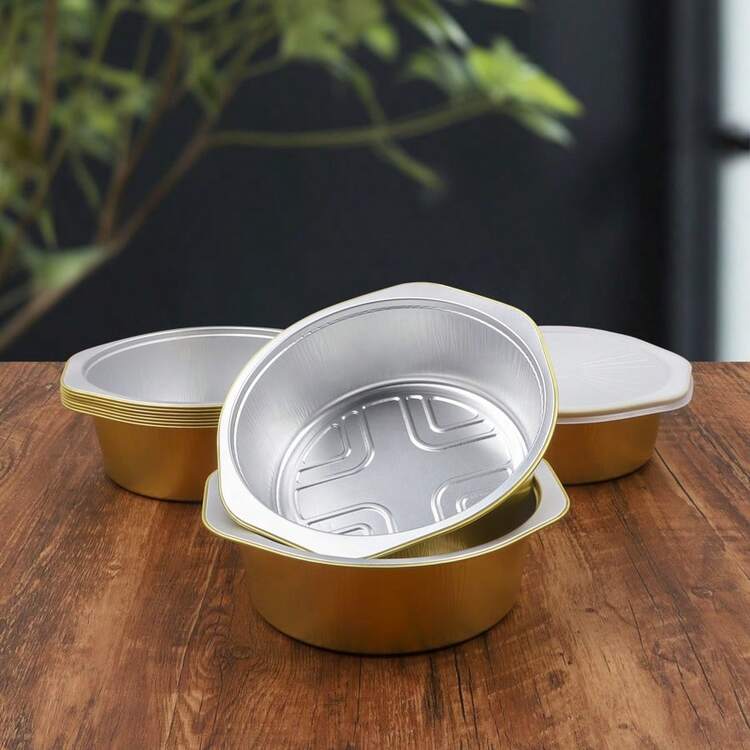 10 hộp đựng thức ăn bằng giấy bạc nhôm tròn màu vàng, dày dặn, dùng mang đi, có thể dùng trong lò nướng. - Vàng - Xem 8