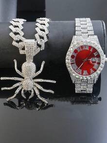 1 Conjunto Novo Produto Hip Hop Pingente Personalizado de Buldogue Colar Corrente Cubana de Diamante Pulseira Relógio Vermelho Masculino Conjunto Acessórios Masculinos Personalizados e Modernos - Vermelho - Visão 12