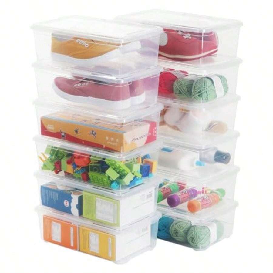 Paquete de 12 contenedores apilables de plástico de 6 cuartos de galón contenedor encajable sin BPA para organizar zapatos caja transparente para el hogar y la oficina caja de - Transparente - Ver 1