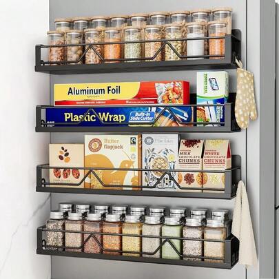 16.9 Inch Wide Large Capacity Magnetic Spice Rack Refrigerator, 4 Pack Metal Fridge Shelf, Black