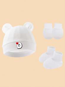 3pcs Baby Cute Bear Ear Hat + Anti-Scratch Mittens + Socks Set, Soft Breathable Newborn Hospital Hat, Love & Letter Print Infant Beanie, Suitable For 0-3 Months Daily Wear - White - View 18