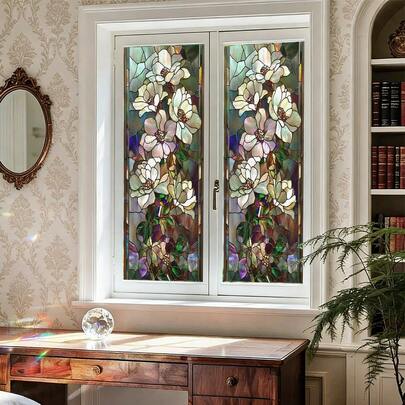 1/5片装玉兰竹子花卉图案磨砂隐私窗贴，可重复使用PVC静电吸附，适用于办公室、卧室、浴室和家居玻璃装饰。精致礼品。