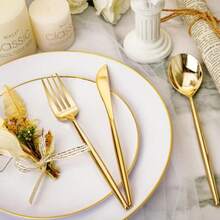 180Pcs Gold Plastic SilverwareLuxury Gold Plastic Cutlery Heavy duty Golden Disposable Flatware Utensils Set Disposable Include 60Gold Forks 60Gold Spoons 60Plastic Knives for Party Wedding - Dorado - Ver 5