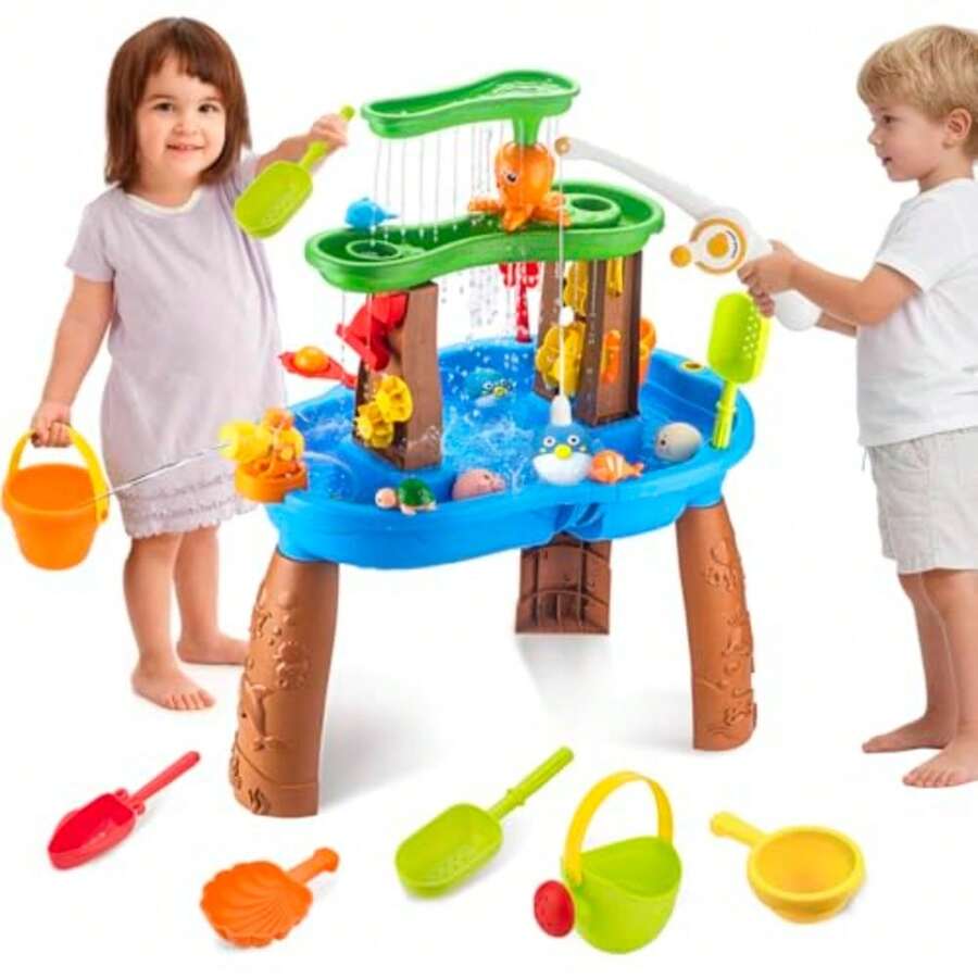 Water Table for Toddlers 3-5 Outdoor Toys for Ages 4-8 3-Tier Sand Water Tables with Fishing Game Set Activity Sensory Table Summer Gift Beach Outside Toys for Toddler Boys - como en la foto - Ver 1