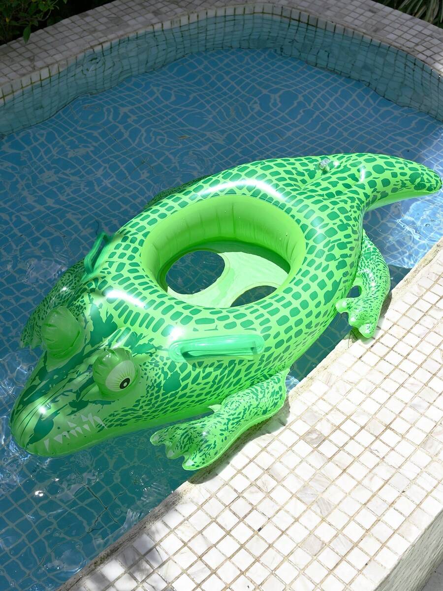 1个儿童游泳池充气座椅圈，可爱漂浮座椅圈，带把手游泳圈，绿色鳄鱼图案，儿童腋下漂浮圈，夏季游泳使用