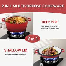 2-In-1 Enameled Cast Iron Dutch Oven Pot With Skillet Lid, 6QT Dutch Oven & 2QT Skillet Combo, Multi Cooker Stock Pot For Frying, Cooking, Baking, Induction & Ovens - View 3