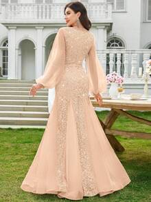 MIUSOL Đầm maxi dự tiệc trang trọng, ren hoa phối lưới tương phản, tay phồng, viền bèo nhún, dáng đuôi cá, thích hợp cho nữ, dạ hội trang trọng, dự tiệc prom, dự đám cưới, lễ tốt nghiệp, tiệc tối mùa xuân. - Rượu sâm banh - Xem 3