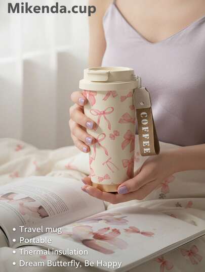 1pc/18oz Floral & Bow Print Insulated Coffee Mug, 500ml Leakproof Thermal Travel Flask, 12-24h Hot/Cold Stainless Steel Water Bottle With Strap, Portable Cup For Office, School & Outdoor Picnic